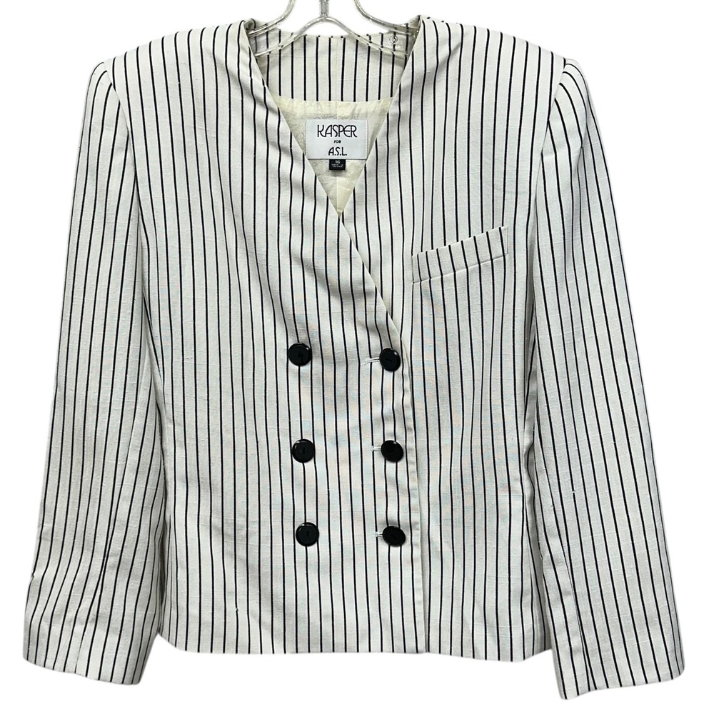 Vintage Kasper Blazer Womens 16 Black‎ Pinstripe Double Breasted 80s Nautical